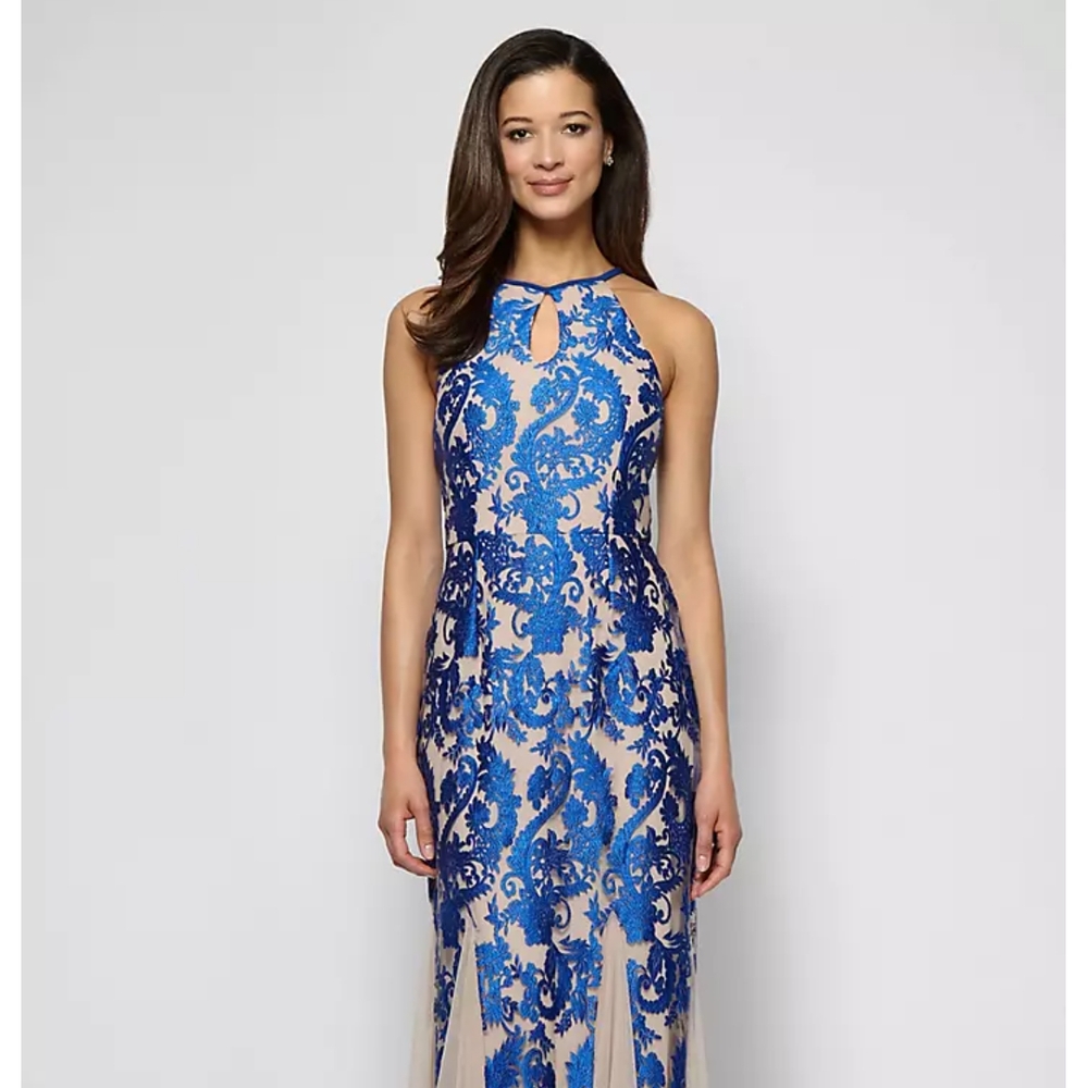 Alex Evenings Blue and Cream Maxi Dress